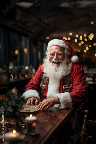Santa Claus laughing sitting at the table. Generative AI.