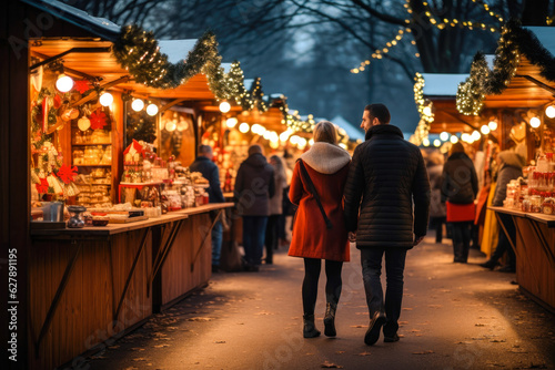 Fototapeta Enjoying Christmas Market, a couple walking near stalls
