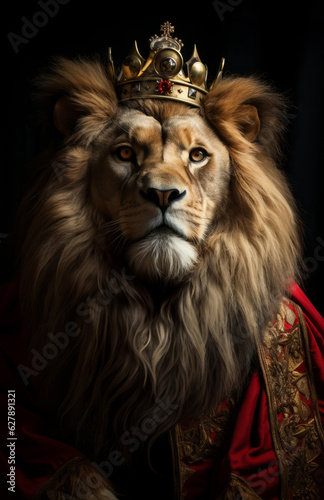 Majestic lion king wearing a golden crown and a royal red mantle  with a charismatic human attitude  a confident and strong look as a wise leader