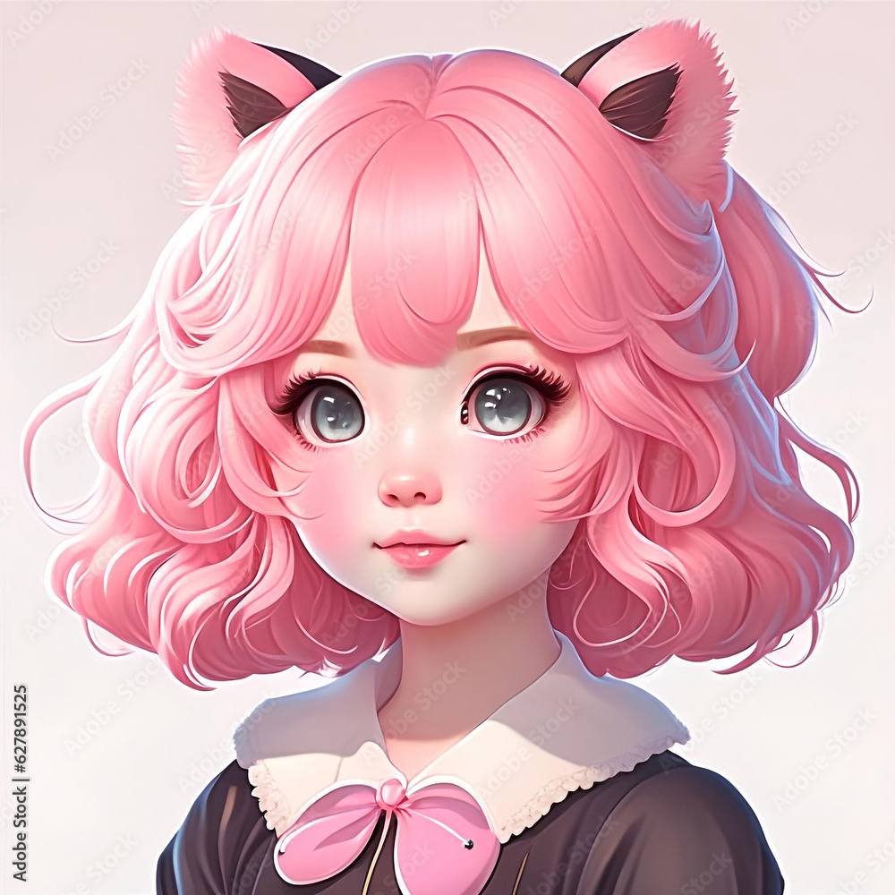 Kawaii girl portrait with pink hair, digital illustration.