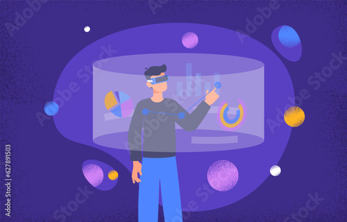 Augmented reality concept. Man in AR glasses evaluates graphs and charts. Infographics and visualization of data, statistics. Innovations and modern technologies. Cartoon flat vector illustration