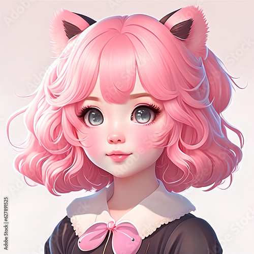 Kawaii girl portrait with pink hair  digital illustration.