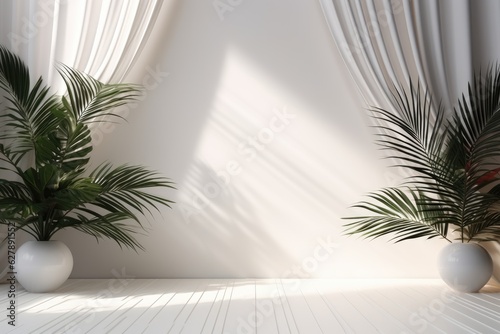 Abstract white studio background for product presentation. Empty room with shadows from windows and flowers and palm leaves. 3D room with copy space. Ai generative