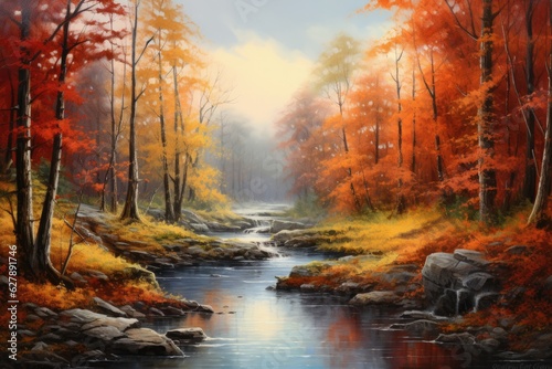 autumn landscape illustration. ai generative © InfiniteStudio