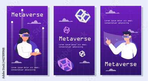 Set of metaverse posters. Violet neon banners with people at vr glasses. Virtual reality, cyberspace and metaverse. Template and mock up. Cartoon flat vector collection isolated on white background