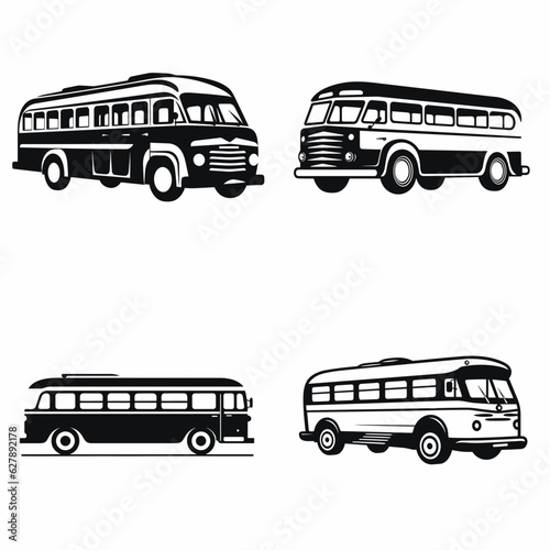 Simple 2d black silhouette Vintage bus , black accents, flat, sharper, white background, vector , 