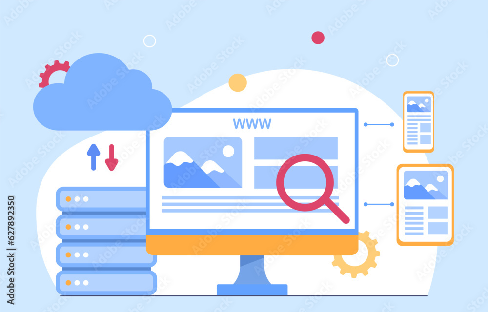 Website hosting concept. Wireless connection to server. Modern technologies and digital world. Template, layout and mock up. Security and data cloud service. Cartoon flat vector illustration Website hosting concept. Wireless connection to server. Modern technologies and digital world. Template, layout and mock up. Security and data cloud service. Cartoon flat vector illustration