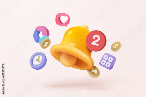 3D minimal notification bell icon with bubble speech floating around on pastel background. new alert concept for social media element. 3d bell alarm icon for message vector render illustration