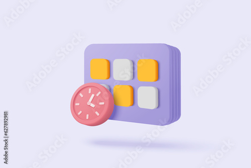 3d calendar marked date and time for reminder day in blue background. Calendar with clock for schedule appointment, event day, holiday planning concept. 3d alarm clock icon vector render illustration