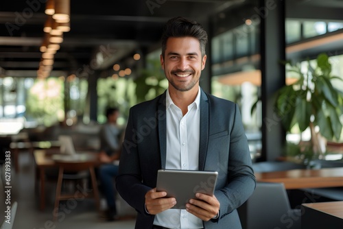 Smiling handsome young Latin business man entrepreneur using tablet standing in office at work. Happy male professional executive ceo manager holding tab computer. generative AI