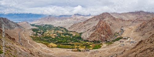 Panorama of green Indus valley from ascend to Kardung La pass - allegedly the highest motorable pass in the world (5602 m). Ladakh, India photo
