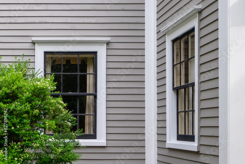 Two vintage identical double-hung windows with trees reflecting on a beige color exterior wall. The windows are black with white trim. There are two small green shrubs in front of the building.  © Dolores  Harvey