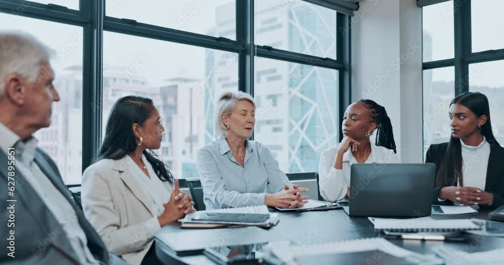 Business people. meeting and manager questions, feedback and proposal in financial staff update and management. Professional woman, CEO or executive with accounting clients discussion and information