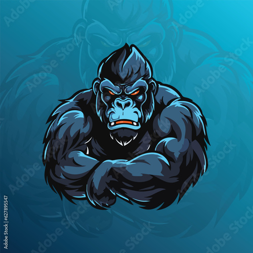 Muscular Angry Gorilla Mascot Logo vector illustration, Isolated on white background, T-Shirt or Poster design vector template, Kong or Gorilla Mascot Sports Logo for e sports team or sports club