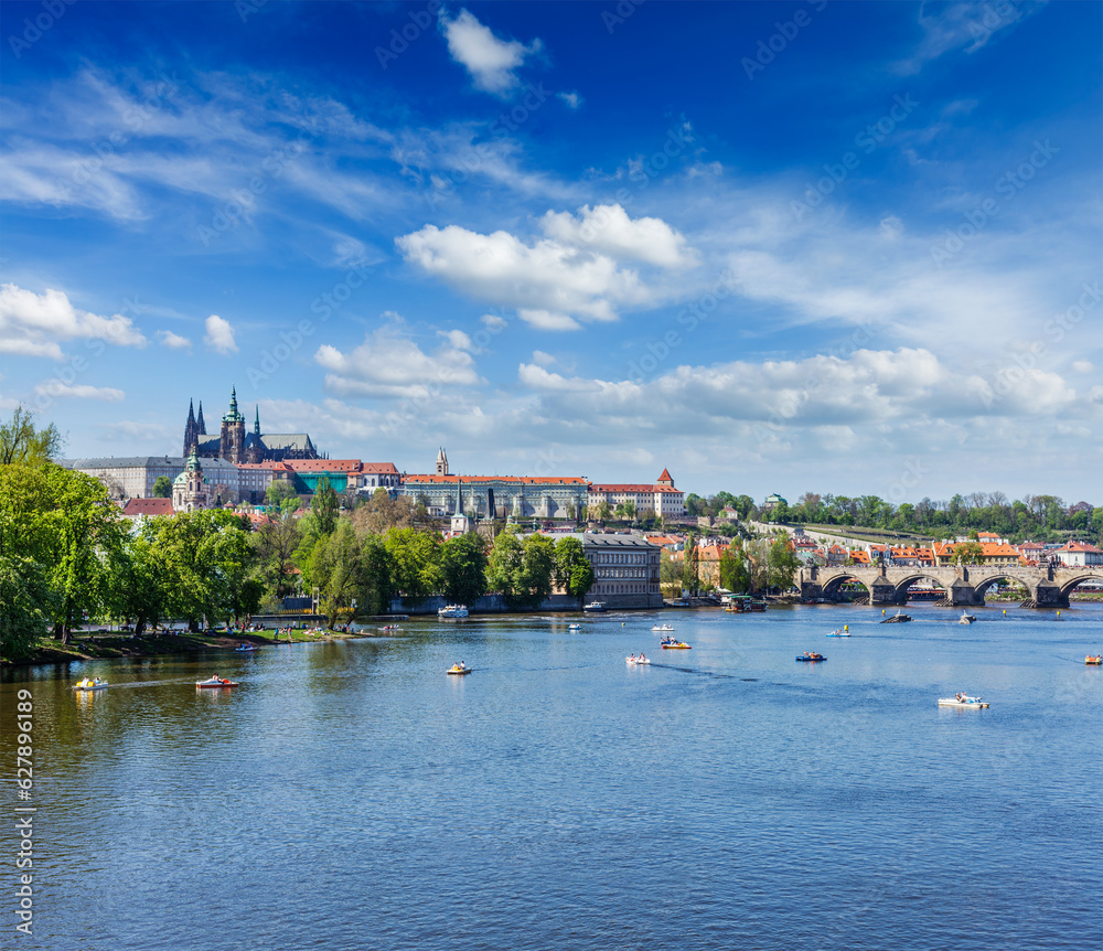 View of Charles bridge over Vltava river and Gradchany Prague C