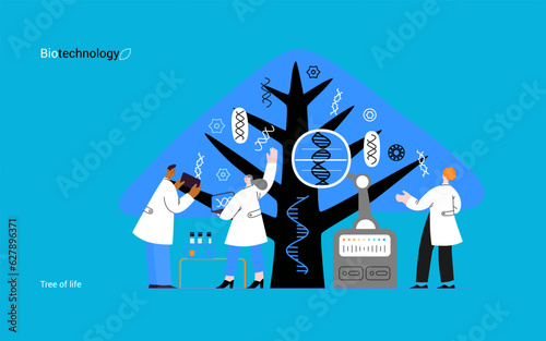 Bio Technology, Tree of life - modern flat vector concept illustration of scientists observing the tree, whose leaves represent various types of DNA. Metaphor of genetic research and diversity of life