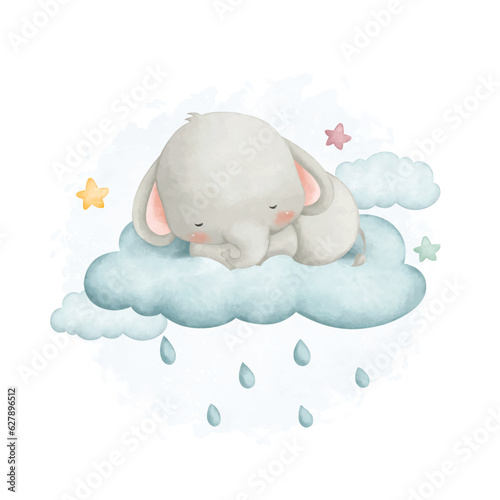 Watercolor illustration cute elephant sleeps on cloud with stars © Stella
