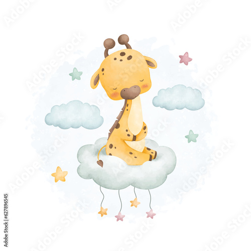 Watercolor illustration cute giraffe sleeps on cloud with stars