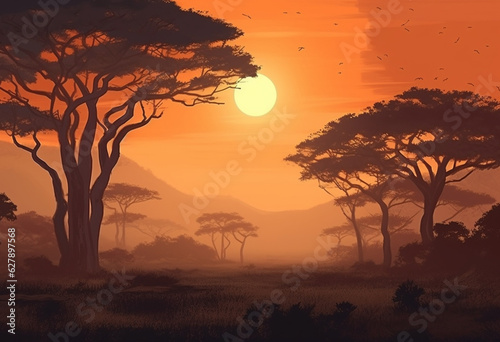 sun rise on african landscape, light red and light amber tones © Avalga