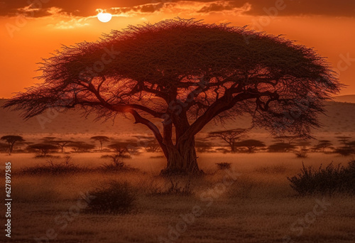 sun rise on african landscape, light red and light amber tones