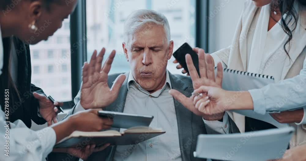 Phone call, chaos and man stress with business documents, tablet and CEO crisis or planning problem. Multitasking, paperwork and anxiety, confused or frustrated manager and people for time management