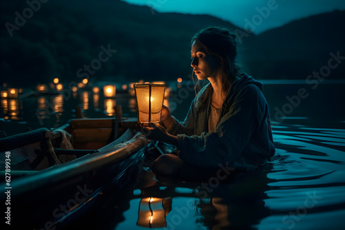portrait of a woman sitting on a small boat and holding a lantern at dawn ,generative ai