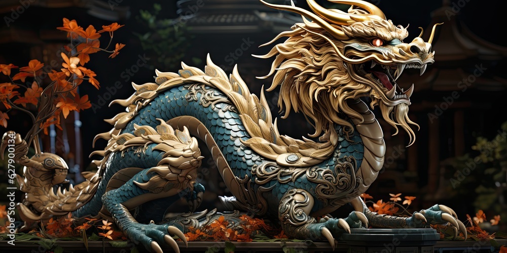 Fototapeta premium illustration of Chinese dragon, mythological color palette, generative AI