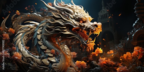 illustration of Chinese dragon, mythological color palette, generative AI