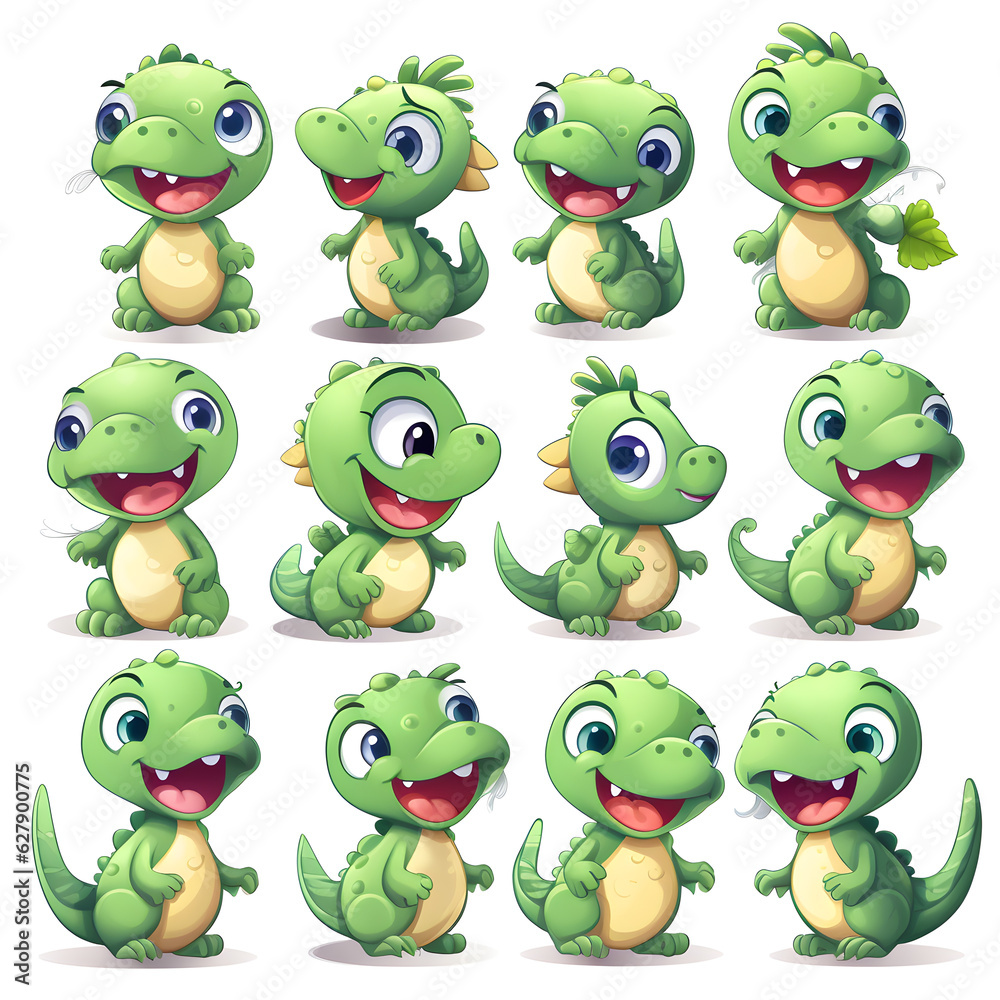 Fototapeta premium cute and cuddly dinosaur stickers, cartoonish, full sheet, multiple poses, multiple expressions, white background
