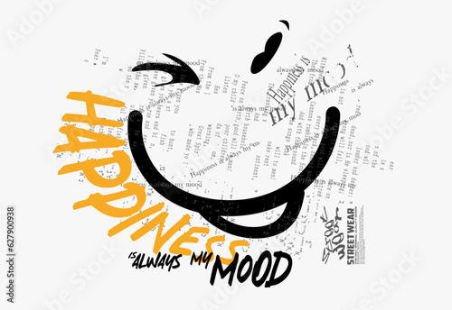 typography street art graffiti with spray splash effect, Smile slogan print design with happy face emoji, urban Graffiti street art style slogan