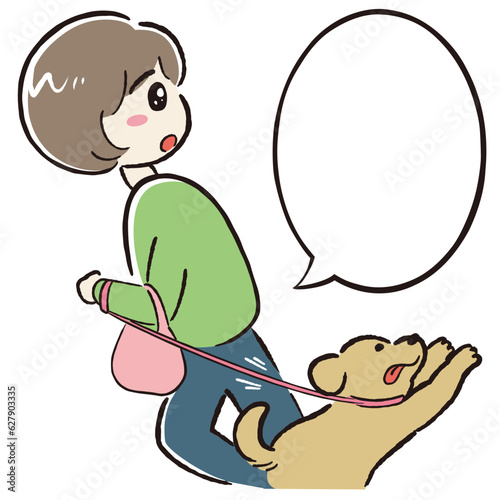 犬の散歩をしながら何かに注目する女性（吹き出し付き）