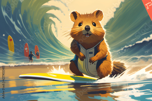 a quokka surfing in the sea.
Generative AI photo