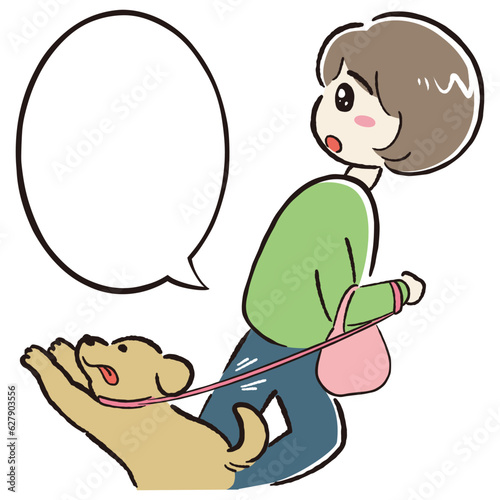 犬の散歩をしながら何かに注目する女性（吹き出し付き）