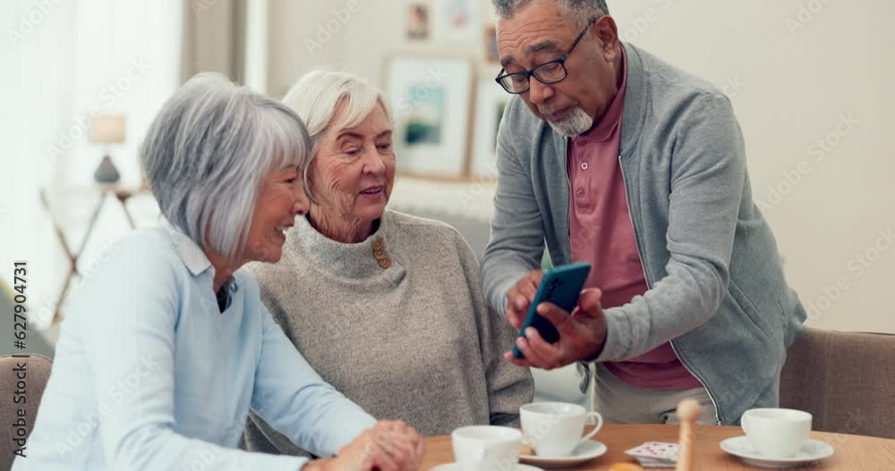 Talking, phone and senior people or friends in a retirement home with internet connection. Elderly women and a man relax together with smartphone for memory, social app and pension investment website Talking, phone and senior people or friends in a retirement home with internet connection. Elderly women and a man relax together with smartphone for memory, social app and pension investment website