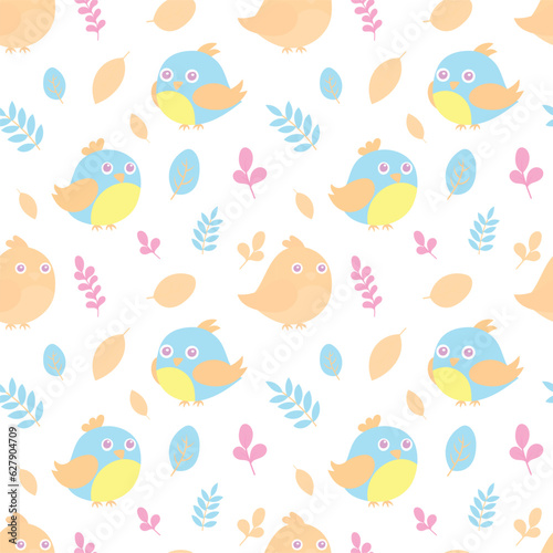 Seamless pattern of cute cartoon childish birds with leaves and flowers