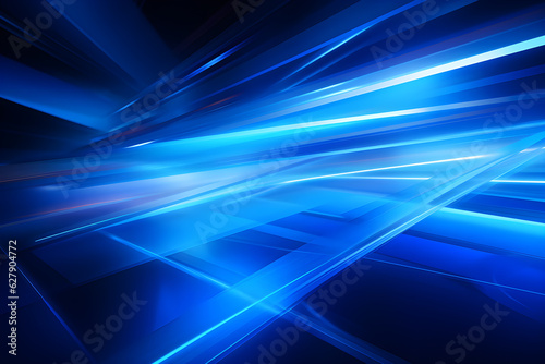 abstract modern blue background science, futuristic, energy technology concept. Digital image of light rays, stripes lines with blue light, speed and motion blur over dark blue background, AI generate