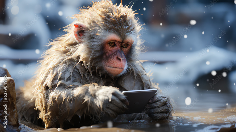 A snow monkey takes a hot spring bath in a snowy landscape and uses a mobile phone. Japanese monkey or animal concept. - obrazy, fototapety, plakaty 