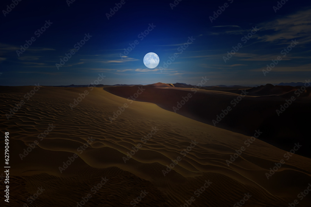 Fototapeta premium White full moon rises over desert in the evening, AI generated