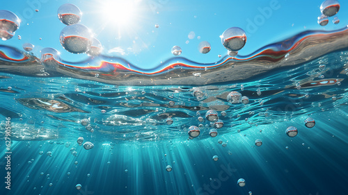 Fantastic scene of bubbles spreading in the blue sea, under the water, shining in the sun. Generative AI