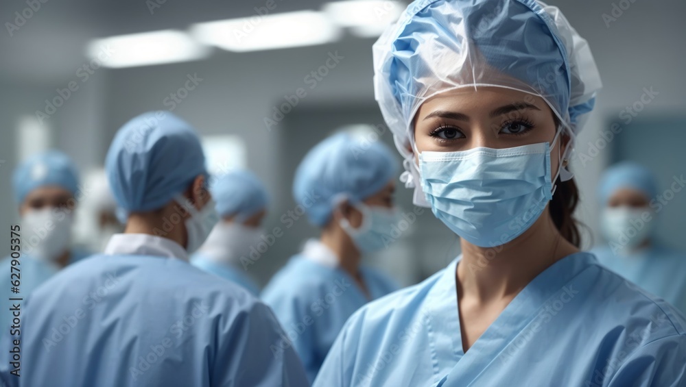 Portrait of a young nursing student standing with her team in hospital, dressed in scrubs, Woman doctor intern. High quality photo Portrait of a young nursing student standing with her team in hospital, dressed in scrubs, Woman doctor intern. High quality photo