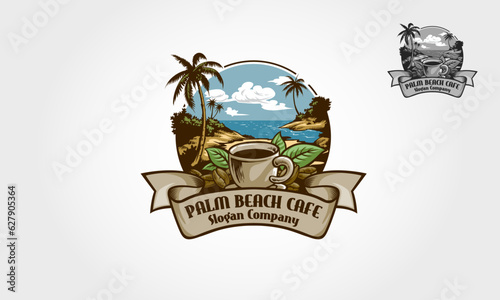 Palm Beach Cafe Vector Logo Template. Water ocean with Palm and coffee concept, for cafe and hoteling. Palm Beach logo retro style it can be easily edit to fit your needs.