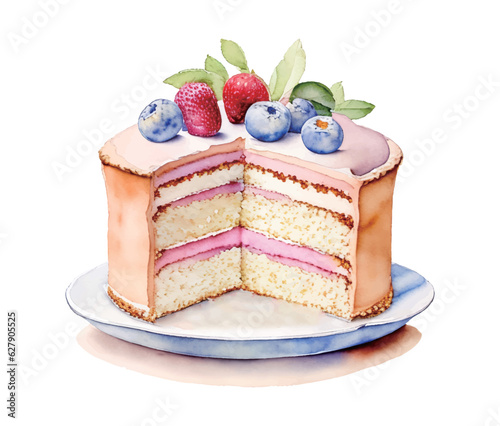 いちごとブルーベリーの乗ったケーキの水彩イラスト Generative AI