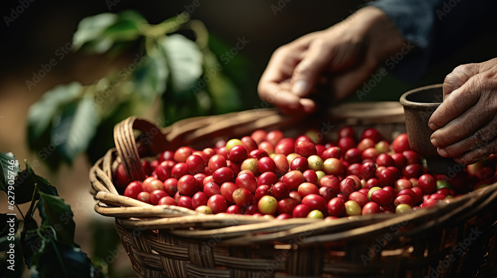 Fototapeta premium Arabica coffee berries with agriculturist hands Robusta and arabica coffee berries with agriculturist hands, Coffee plantation in Asia