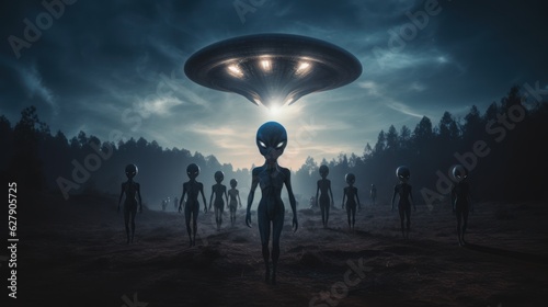 Fotografie, Obraz mysterious aliens creatures standing in front of unidentified flying object (ufo) on the planet earth