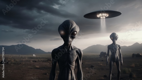 Tela mysterious aliens creatures standing in front of unidentified flying object (ufo) on the planet earth