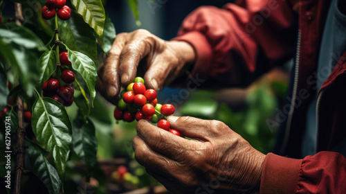 Arabica coffee berries with agriculturist hands Robusta and arabica coffee berries with agriculturist hands, Coffee plantation in Asia photo