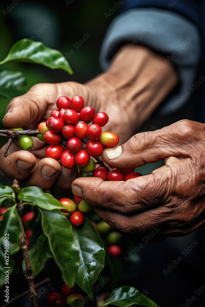 Arabica coffee berries with agriculturist hands Robusta and arabica coffee berries with agriculturist hands, Coffee plantation in Asia Arabica coffee berries with agriculturist hands Robusta and arabica coffee berries with agriculturist hands, Coffee plantation in Asia