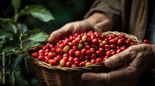 Arabica coffee berries with agriculturist hands Robusta and arabica coffee berries with agriculturist hands, Coffee plantation in Asia