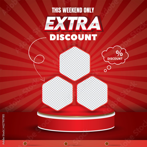 weekend extra discount square banner for social media post with copy space 3d podium for product sale with abstract gradient red background design