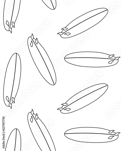 Vector seamless pattern of hand drawn flat surfboard isolated on white background